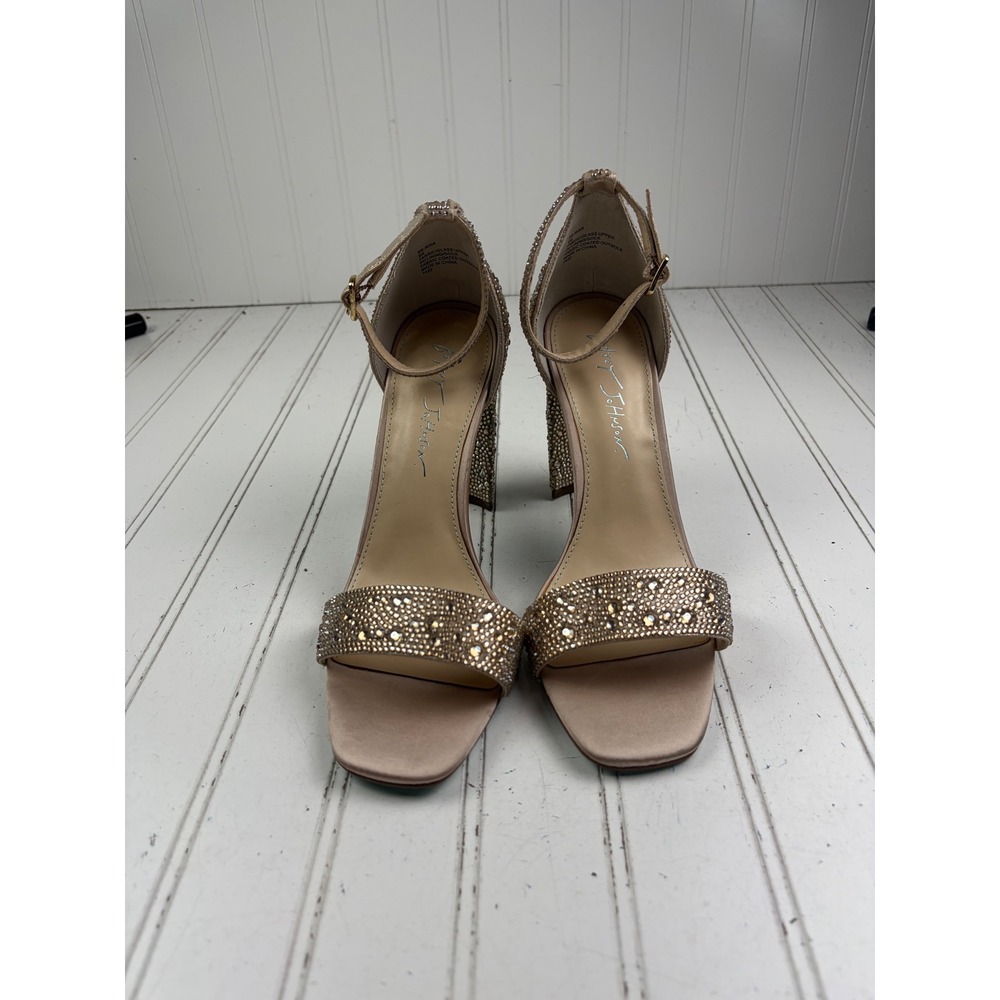 Betsey Johnson Rina Rhinestone Mari Champagne Block Heel Sandals Women's Size 8M - Picture 2 of 10